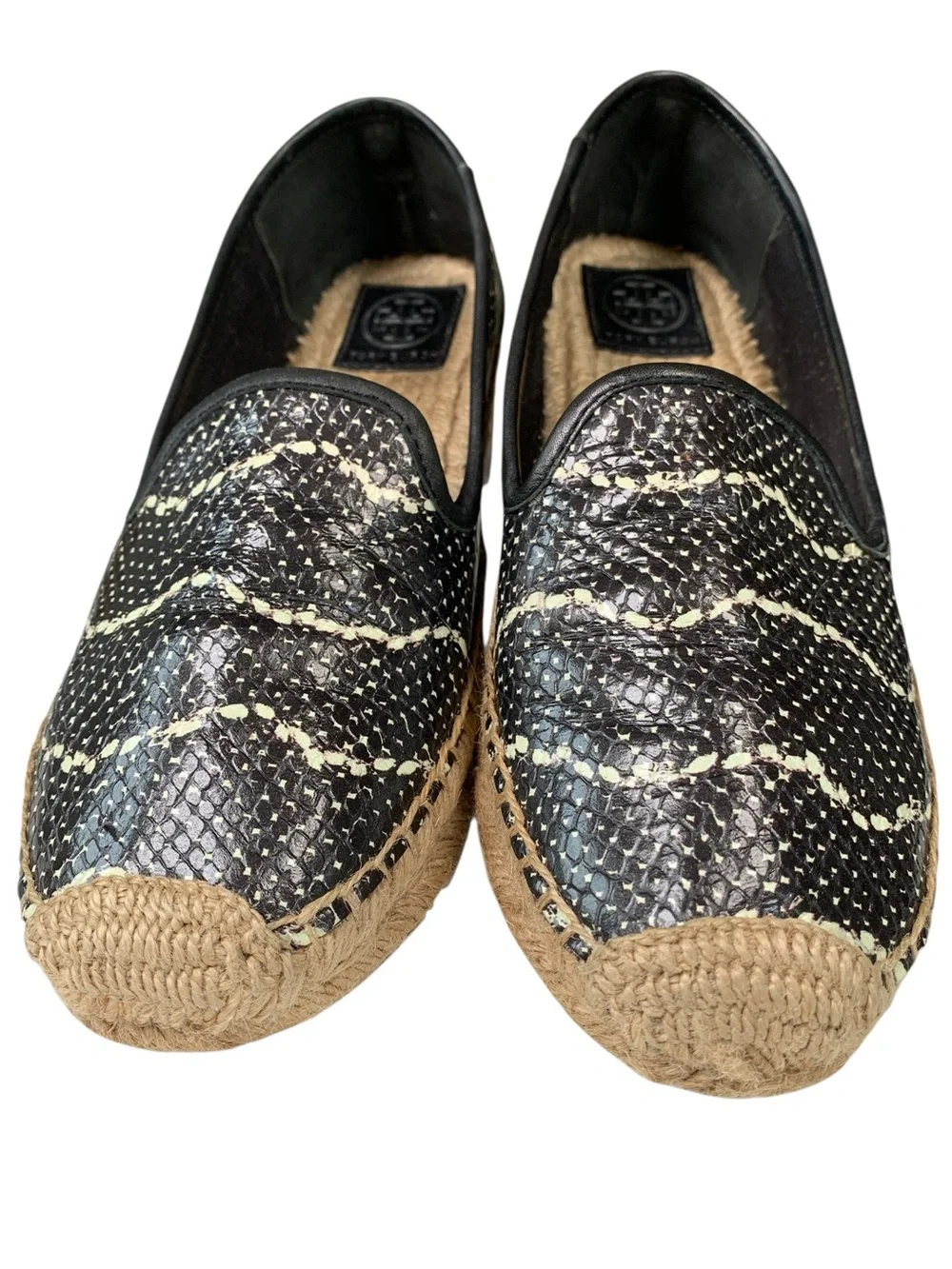 Tory Burch Snake Print Leather Espadrille Slip On Flats Black Cream 8.5